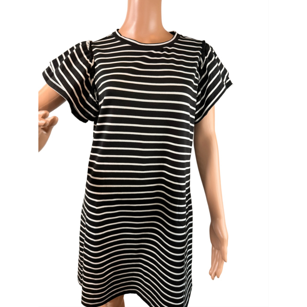 Women's GRACE + KARMA‎ Black White Striped Above Knee Dress Sm Ruffled Sleeves